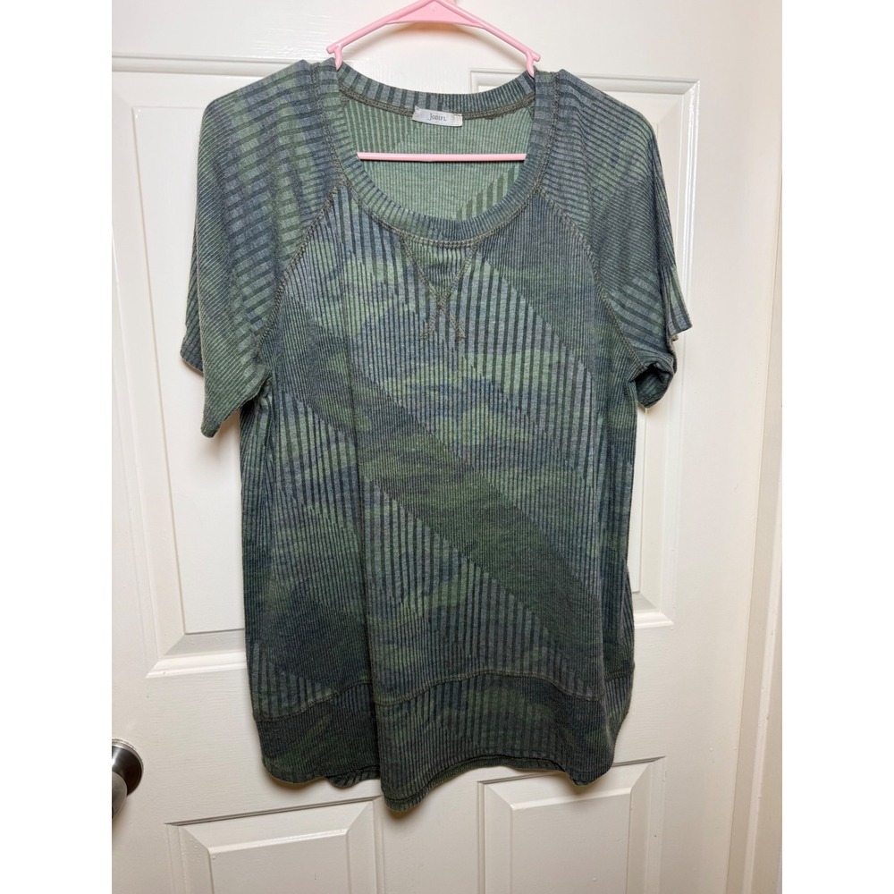 Jodifl Womens Green Camo Ribbed Short Sleeve Raglan Top Large